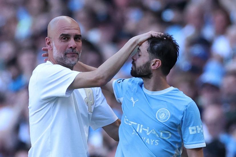 Pep Guardiola, les yeux humides lors du remplacement de Bernardo Silva, son joueur le plus encadré.