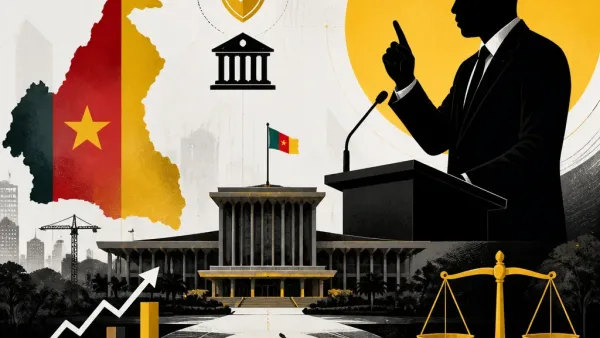 Illustration éditoriale représentant le Cameroun et le président Paul Biya